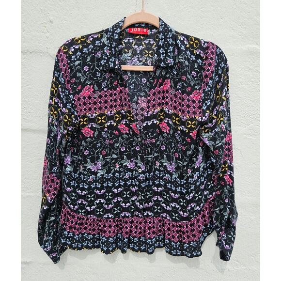 Josie Natori Pajama Top Womens Small Black Pink Floral Button Up Blouse Flowy - Picture 1 of 9